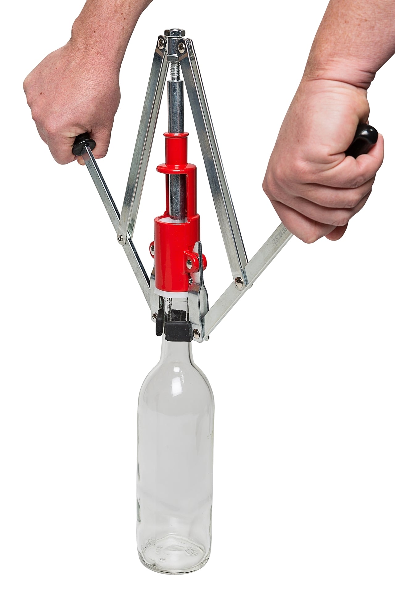 Metal Corking Tool shown corking a bottle